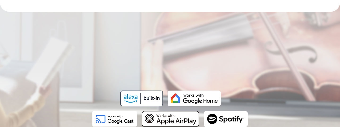 Alexa built-in, Works with Google Home, Works with Google Cast, Works with Apple AirPlay and Spotify logos on background.