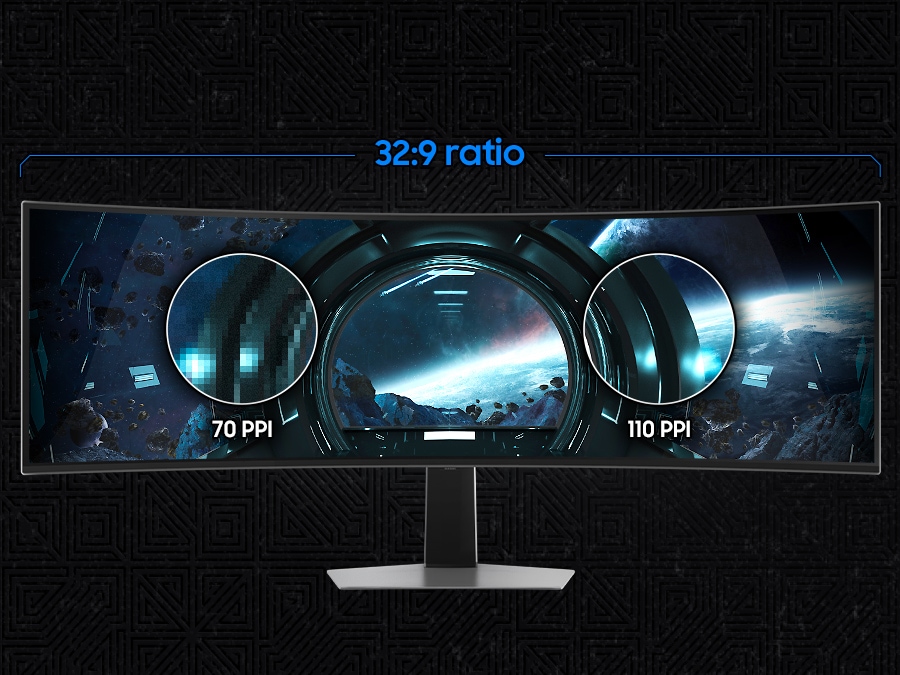 A monitor screen is divided into two sections with an universal content on its screen. The left side of the screen is pixelated, with a circle zooming into a further pixelated section labeled "70 PPI." The right side of the screen is clearly rendered, with a circle zoomed into a crisp section labeled "110 PPI."