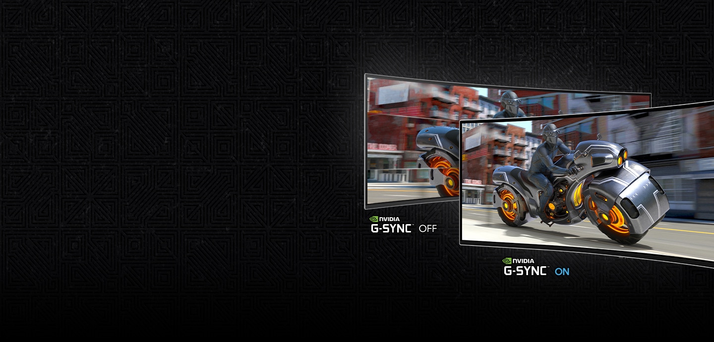 A screen shows a man riding a futuristic motorcycle and it is divided into two sections. The left section, labled "Nvidia G-SYNC OFF" shows the screen stuttering. The right side, labled "Nvidia G-SYNC ON" is clear.