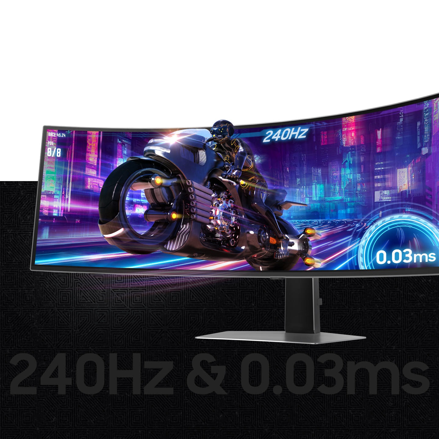 On the monitor screen, cars race out of a monitor, away from a futuristic city.