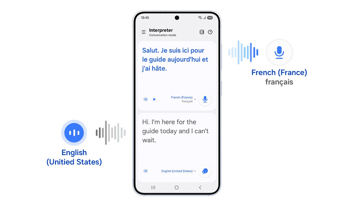 A two-way speech bubble icon representing Conversation Mode. A Samsung Galaxy device with Interpreter open showing the French source text. Below the French source text is the English interpretation. The English interpretation shows Hi. I'm here for the guide today and I can't wait. in written text.