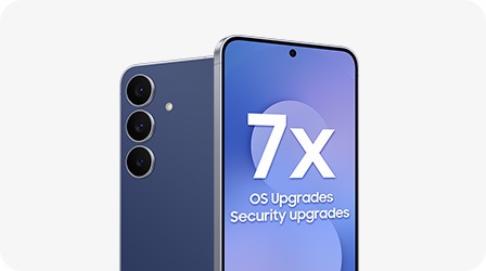 A Samsung Galaxy S25 FE smartphone with a Navy back and triple rear cameras is shown. The screen displays '7x OS Upgrades Security upgrades', highlighting extended software and security support.