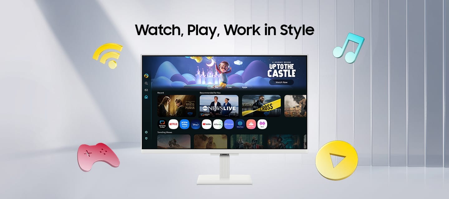 Watch, Play, Work in Style. Samsung Smart Monitor M5 with Wi-Fi, game console, music and play button icons. Screen shows various apps, content, and preview of "UP TO THE CASTLE".