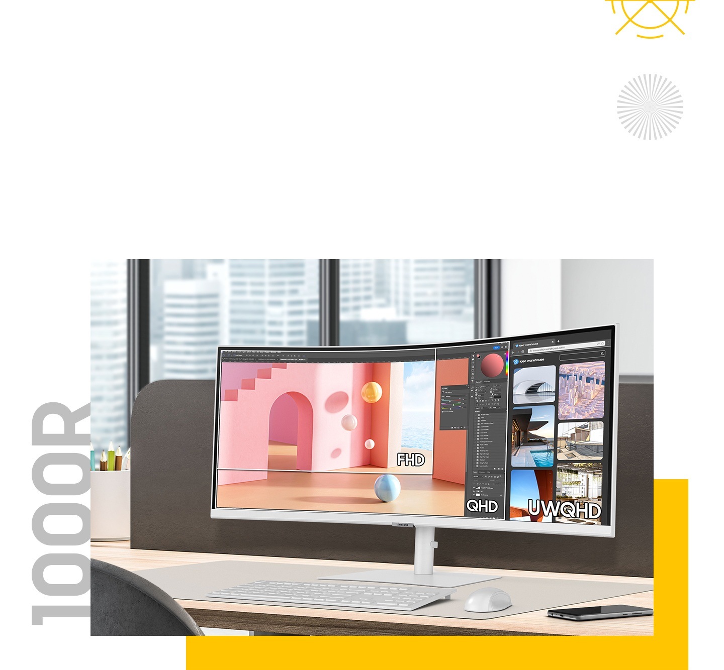 There are a browser and photoshop tool on the monitor, and there are FHD, QHD, and UWQHD texts on them.