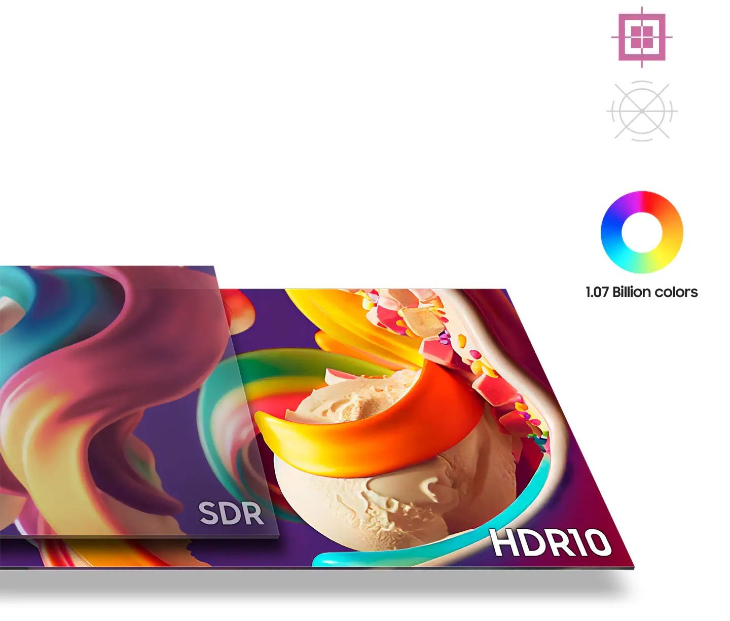 A screen lays on top of another screen, with a colorful abstract image seen across both screens. The smaller screen reads "SDR" and the larger screen reads "HDR10". The colors on the HDR10 screen are brighter.