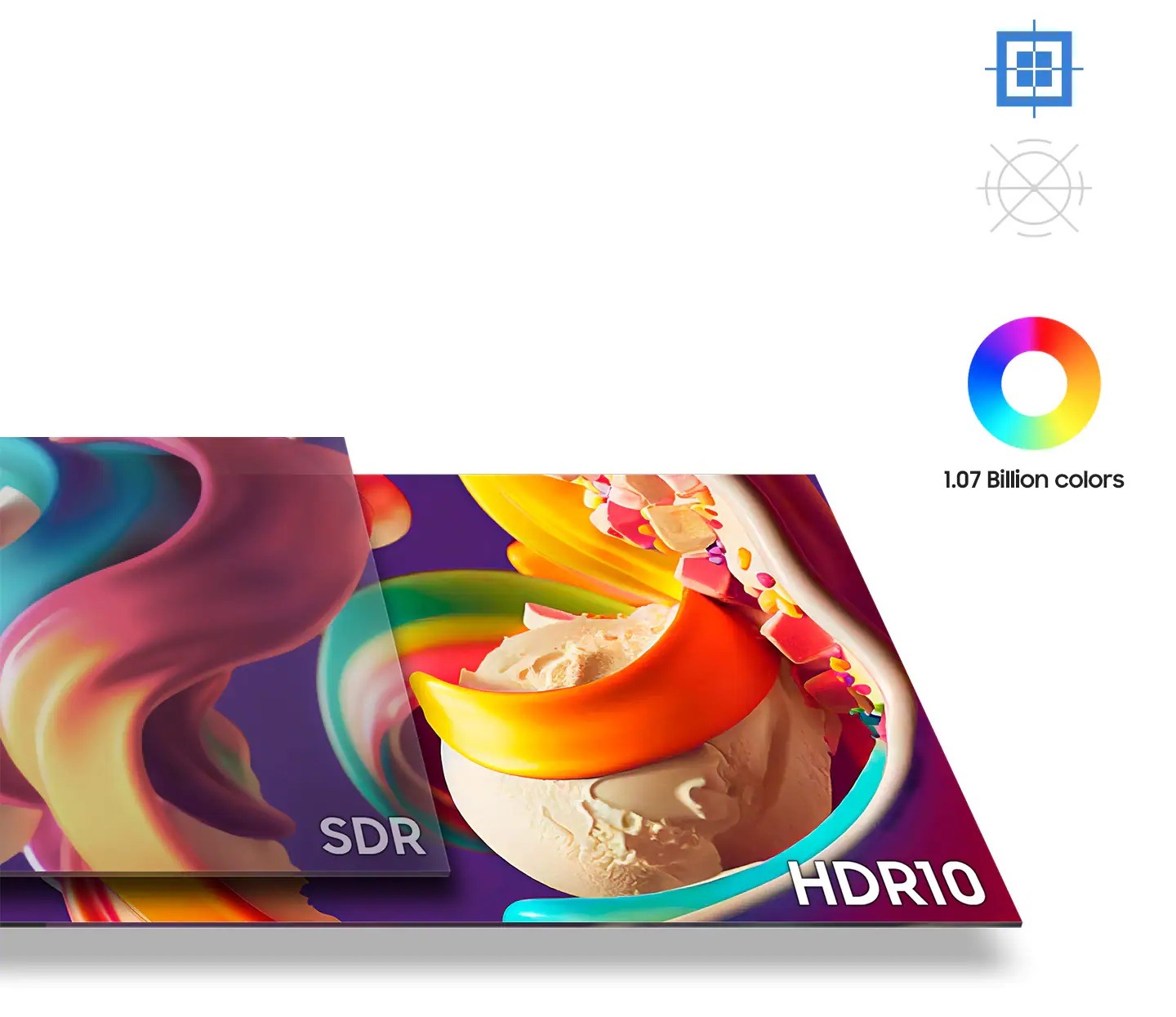 A screen lays on top of another screen, with a colourful abstract image seen across both screens. The smaller screen reads "SDR" and the larger screen reads "HDR10". The colors on the HDR10 screen are brighter.