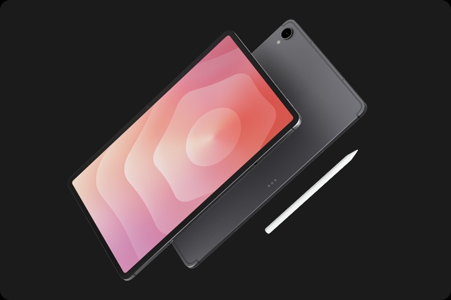Front view of a Galaxy Tab S11 device tilted slightly. Behind it, another Tab S11 reveals the rear side with a camera and an S Pen placed beside it, highlighting the sleek front and premium back design.