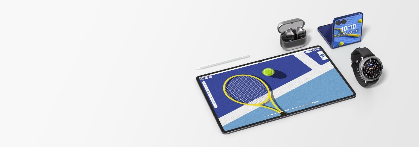 A flat lay of Galaxy Tab S11 Ultra displaying a colorful drawing in Clip Studio Paint app, surrounded by a half-open Galaxy Z Flip7 with a similar image onscreen, Galaxy Watch8 Classic, Galaxy Buds3 Pro and S Pen.