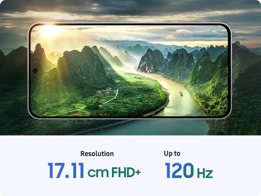 A smartphone screen shows a scenic landscape of mountains and a river with sunlight streaming through clouds. Below, text reads 'Resolution 6.7 inch FHD+' and 'Up to 120 Hz'.