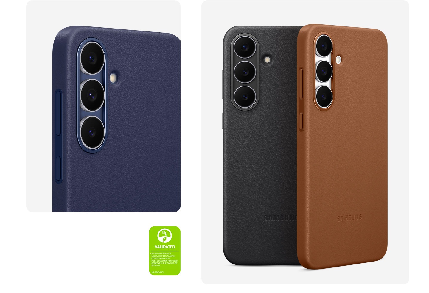 A Galaxy S25 FE encased in the Kindsuit Case in Dark Blue is shown from its upper half from a slanted angle and diagonally placed. Two Kindsuit Cases, each installed on a Galaxy S25 FE, are shown vertically from the back side. They are in Black and Brown, respectively. A UL Environmental Claim Validation Mark is shown that reads 'EF-VS731 CONTAINS A MINIMUM OF 23% PLASTIC, CONSISTING OF 50% POST-CONSUMER RECYCLED CONTENT IN THE PLASTIC OF EF-VS731. UL.COM/ECV'.