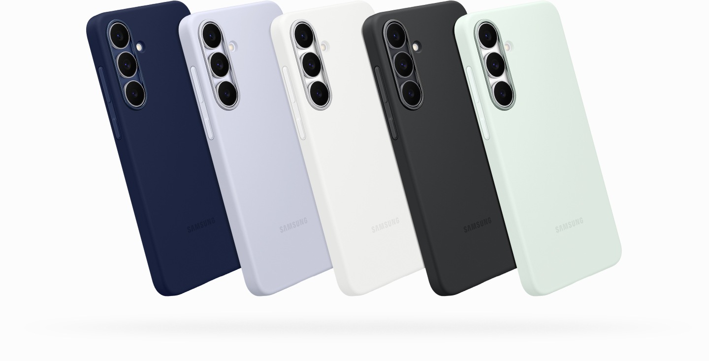 All available color options of the Silicone Case are displayed. The order of the colors displayed from left to right is Dark Blue, Light Blue, White, Black and Mint.