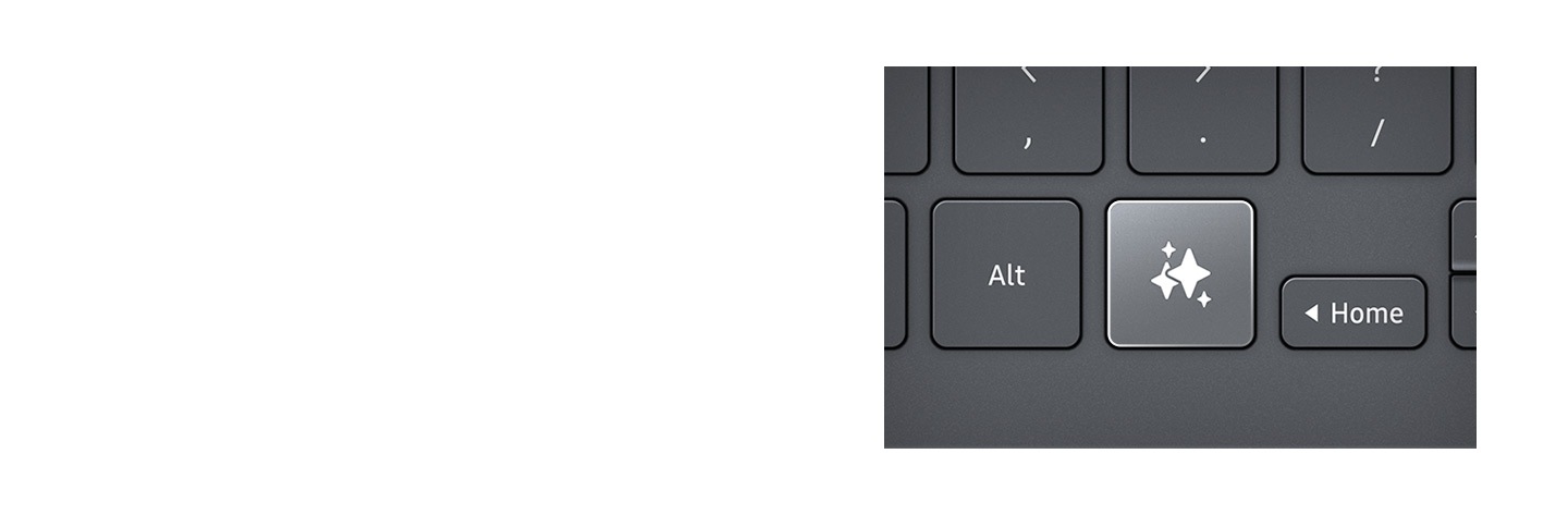 Top-down view of Galaxy Tab S11 with Book Cover Keyboard Slim on, displaying Samsung Notes and a webpage in split view and with Writing Assist in use. A close-up shows the Caps Lock with LED indicators lit. Another close-up highlights the location of the AI Key on the keyboard.