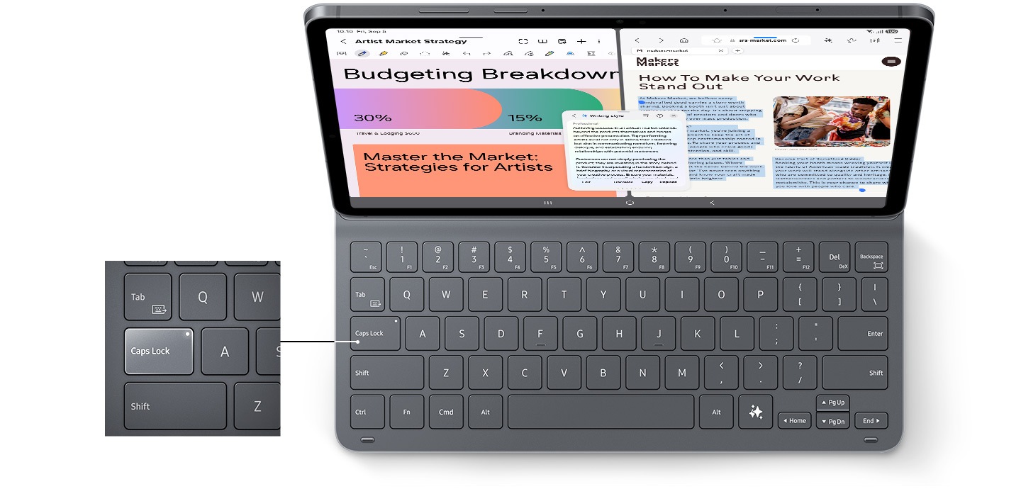 Top-down view of Galaxy Tab S11 with Book Cover Keyboard Slim on, displaying Samsung Notes and a webpage in split view and with Writing Assist in use. A close-up shows the Caps Lock with LED indicators lit. Another close-up highlights the location of the AI Key on the keyboard.