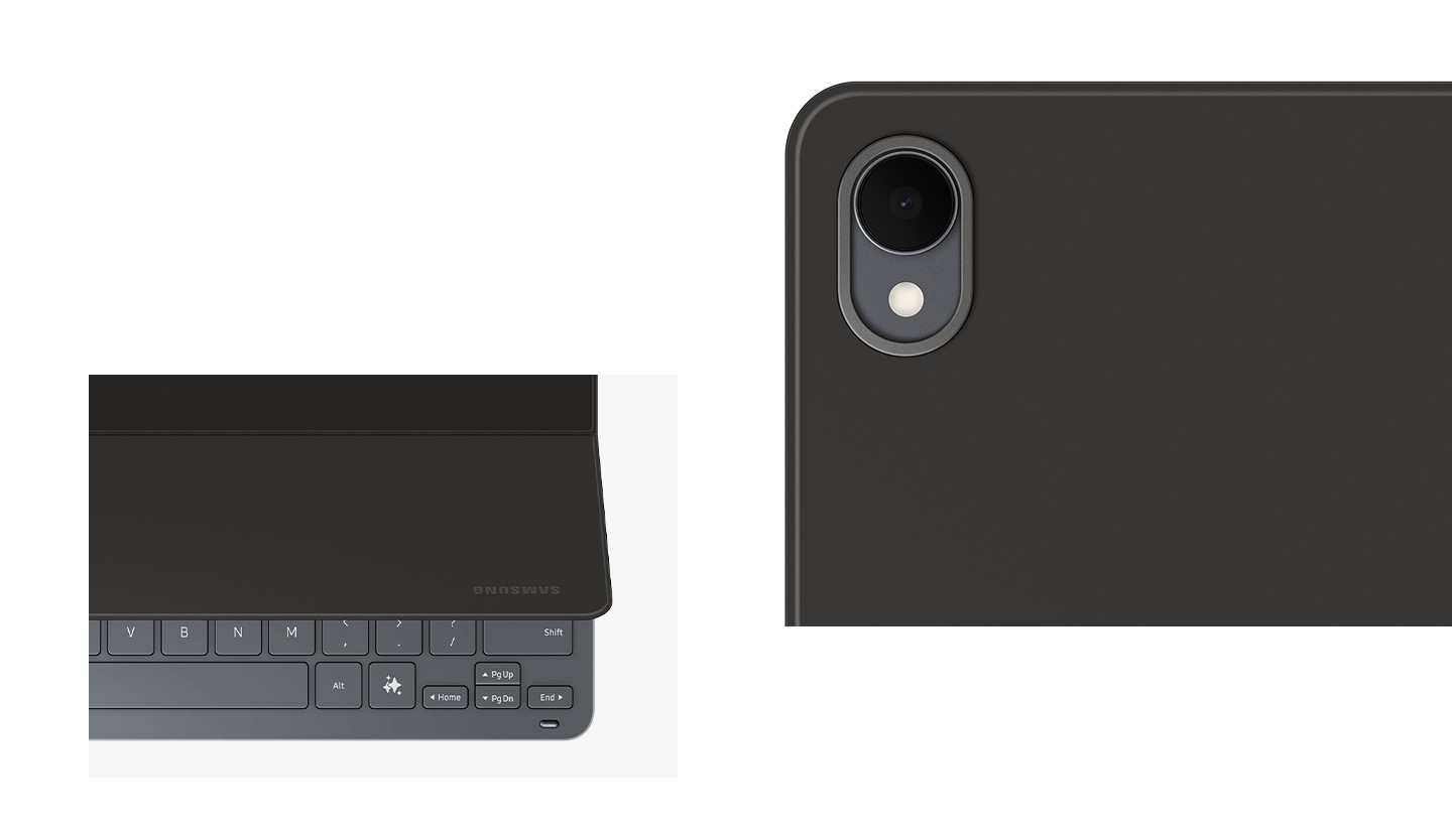 A close-up of Book Cover Keyboard Slim for Galaxy Tab S11 with a sleek back design featuring a metal trim around one rear cameras. Another close-up of the keyboard at a different angle with the cover partially open.