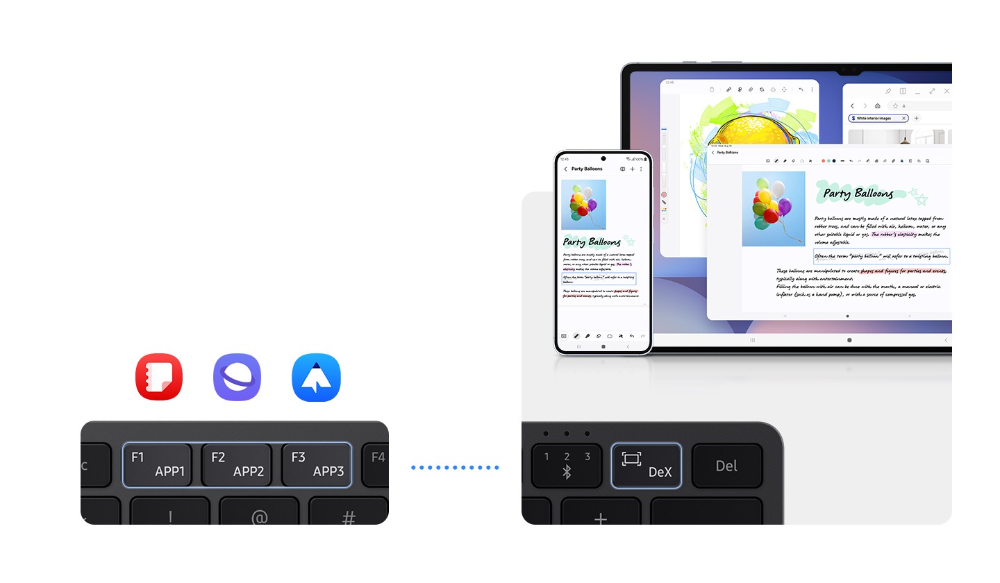 Front view of a Galaxy Tab showing Samsung Notes, Samsung Internet, and Samsung PENUP apps open onscreen. Next to it, a Galaxy smartphone displays the Samsung PENUP app with the same content synced from the Tab. On the Samsung Smart Keyboard, the DeX Mode key is highlighted, along with F1, F2, and F3 keys marked with icons for Samsung Notes, Samsung Internet, and Samsung PENUP to showcase quick app access.
