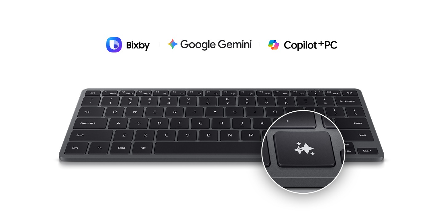 Front view of Samsung Smart Keyboard with the dedicated AI Shortcut Key highlighted with a zoomed circle. Logos of Bixby, Google Gemini, and Copilot+ PC appear above to showcase supported AI tools.