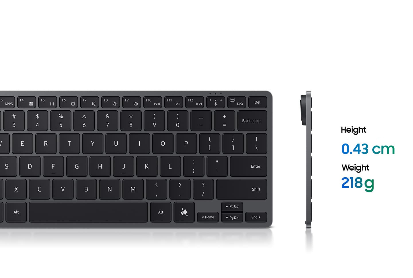 Front view of Samsung Smart Keyboard showing slim, lightweight design with side profile next to it highlighting the Height 4.3 mm body and 218 g Weight.