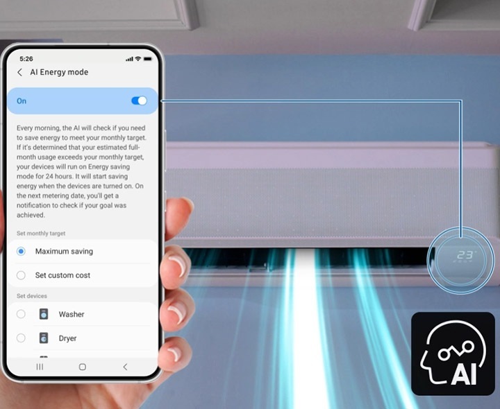 The "AI Energy Mode" screen appears on a smartphone, connected to the indoor unit by a line, with the AI mark displayed at the bottom.