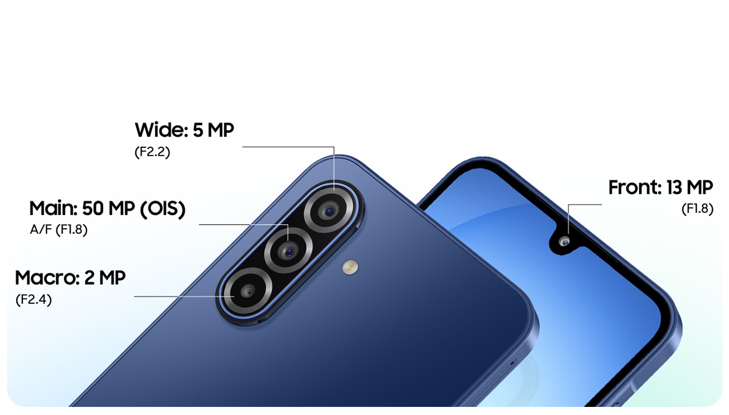 Two Galaxy A17 5G devices. One viewed from the back, showcasing the 5 MP Ultra Wide Camera, 50 MP Wide Camera and 2MP Macro Camera. The other viewed from the front, highlighting the 13 MP Front Camera.