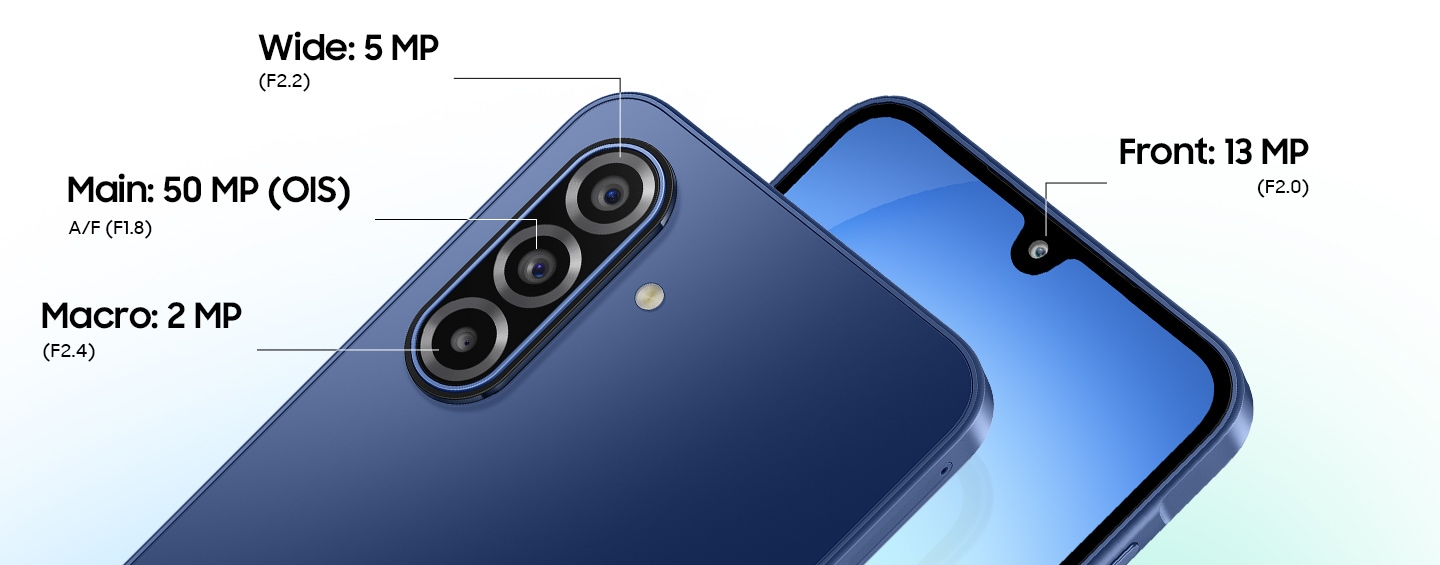 Two Galaxy A17 5G devices. One viewed from the back, showcasing the 5 MP Ultra Wide Camera, 50 MP Wide Camera and 2MP Macro Camera. The other viewed from the front, highlighting the 13 MP Front Camera.