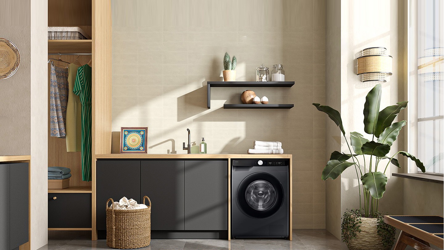 Total AI Laundry. Perfect Washcare. WW6000D is installed in the laundry room.