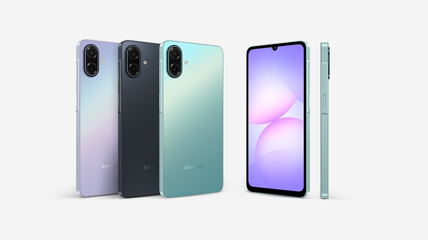 Galaxy A07 5G shown in black, light violet, and light green from multiple angles, highlighting its sleek and stylish design.