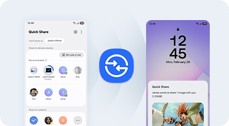 The left phone's screen lists files and contacts available for sharing, while the right phone displays a notification for an incoming 'Quick Share' transfer with a preview of shared images, Quick Share icon in the center.