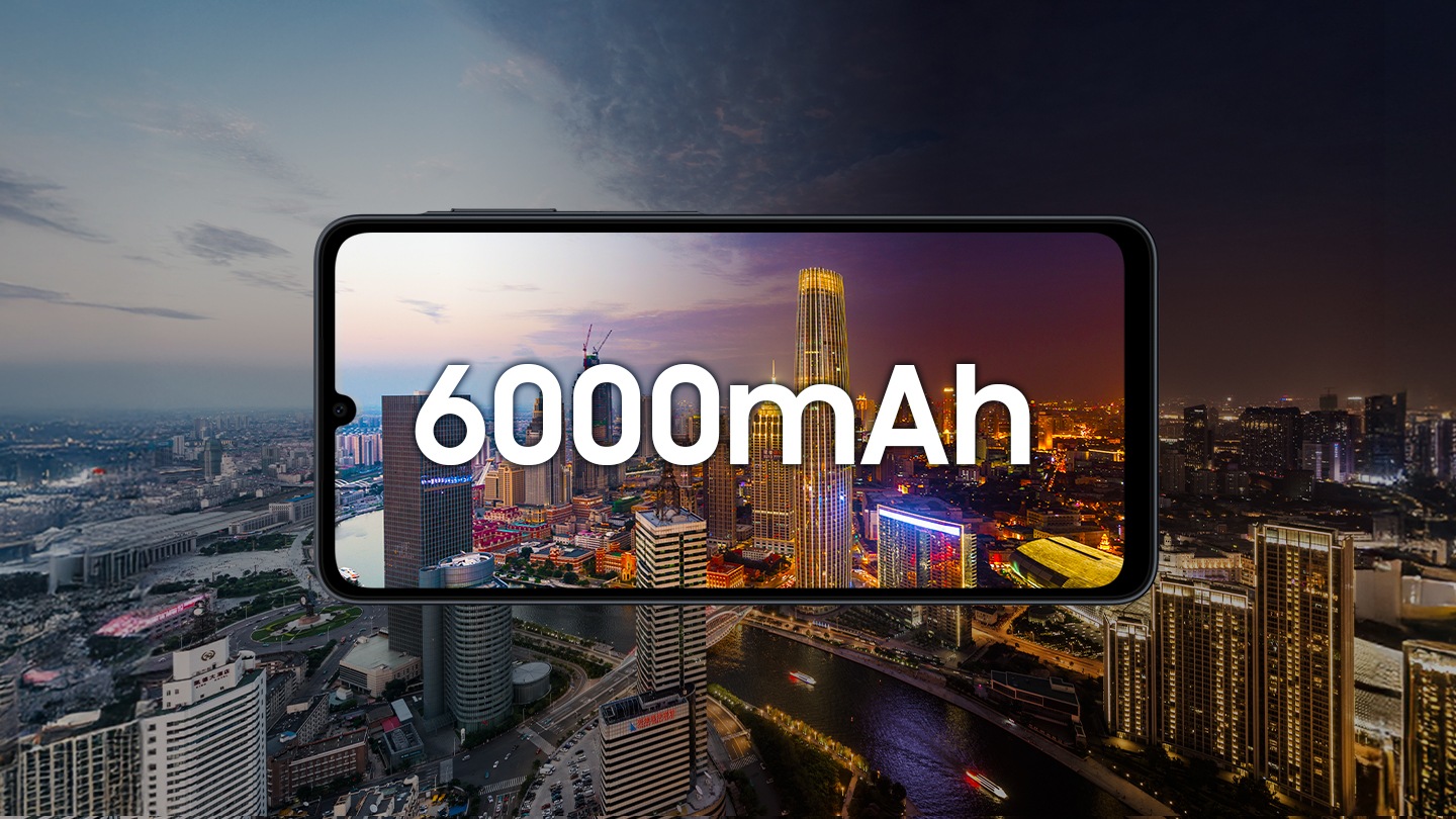 A Galaxy A07 5G device displaying a cityscape by the river, with the left half in daytime and the right half at night. Text reads 'Battery Capacity 6000 mAh'.