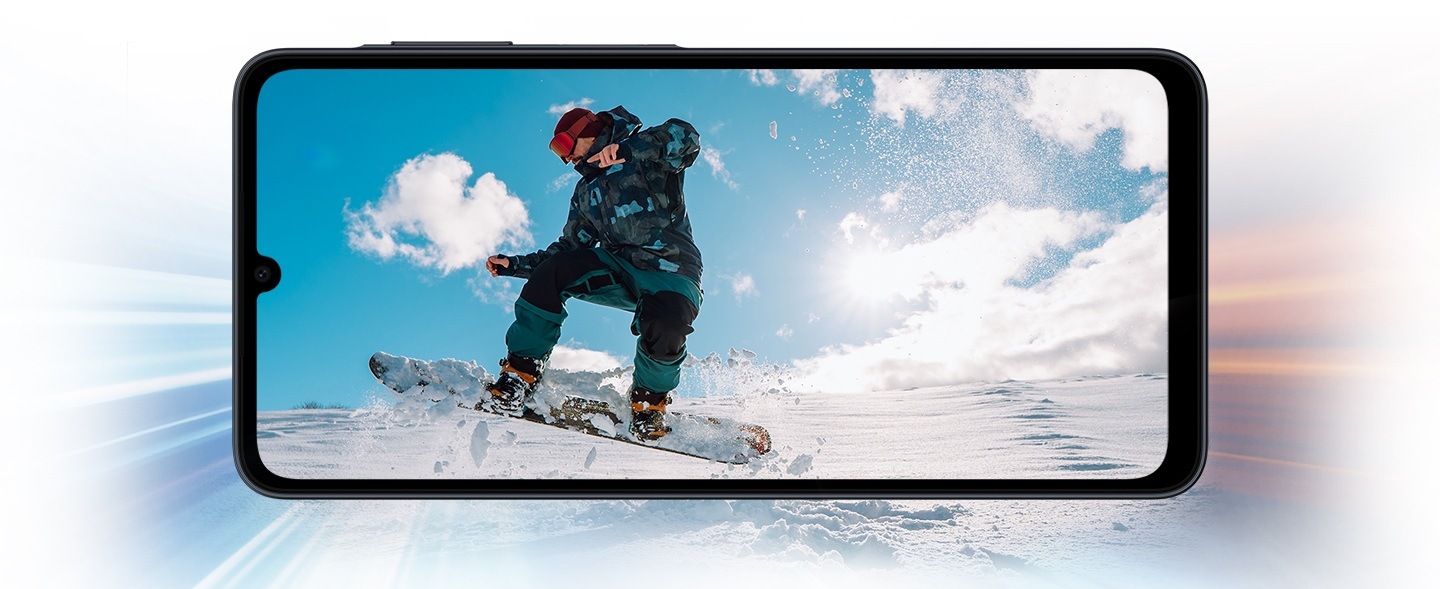 Galaxy A07 5G display showing a high-speed racing game, emphasizing power for gaming, streaming, and multitasking.