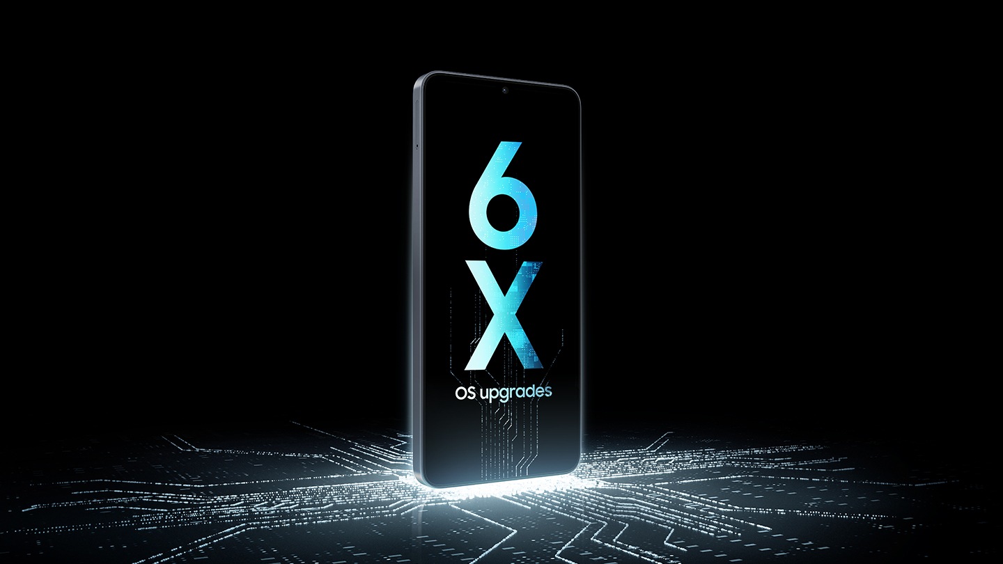 A Galaxy A07 5G device stands upright on top of a luminescent chip circuit that continues up the screen, which shows '6X OS upgrades'.