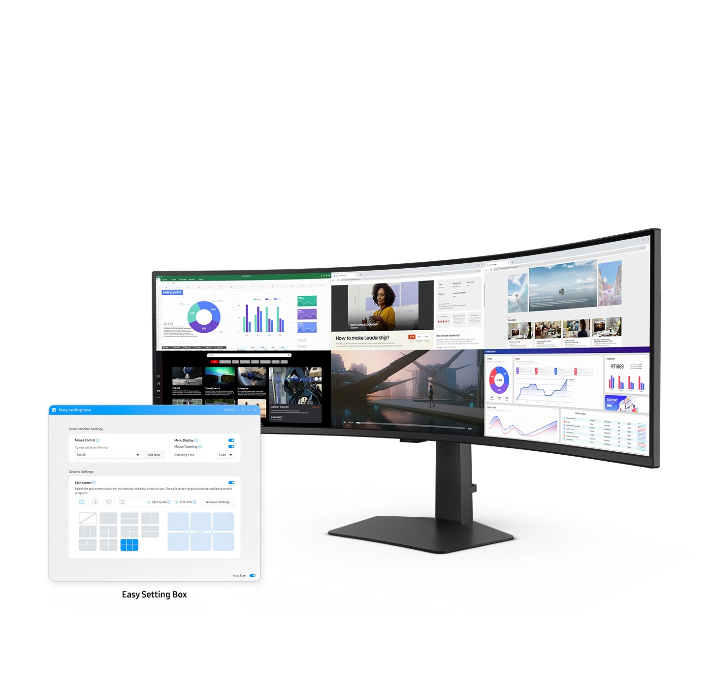 There is a monitor and its divided into 6 screens. In front of it, there is an Easy Setting Box UI, and the 6 screen split is selected.