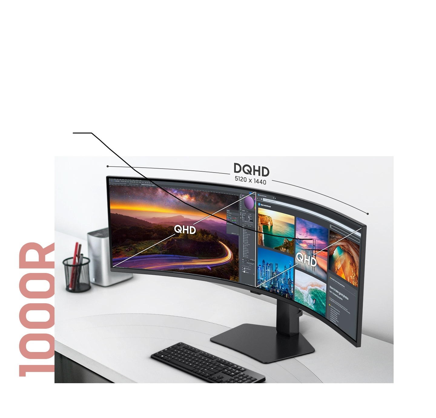 There are a browser and photoshop tool on the monitor, and there are QHD and DQHD(5120 x 1440) texts on them.