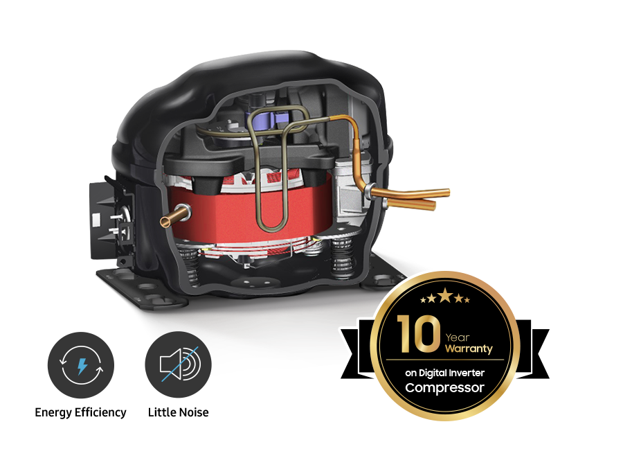 The refrigerator motor has a 10-year warranty on Digital Inverter Compressor. It has energy efficiency and little noise features.