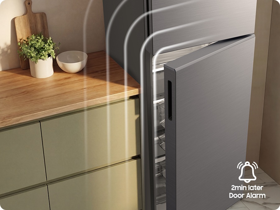 The refrigerator door is slightly open, and the door alarm will sound 2min later. An icon at the bottom right highlights the door alarm feature.
