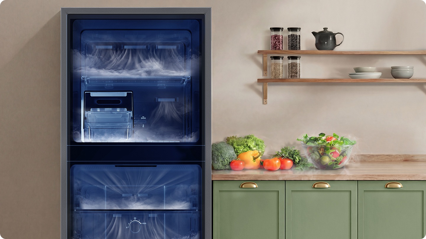 The inside of the refrigerator is visible and cold air spreads through every storage space.