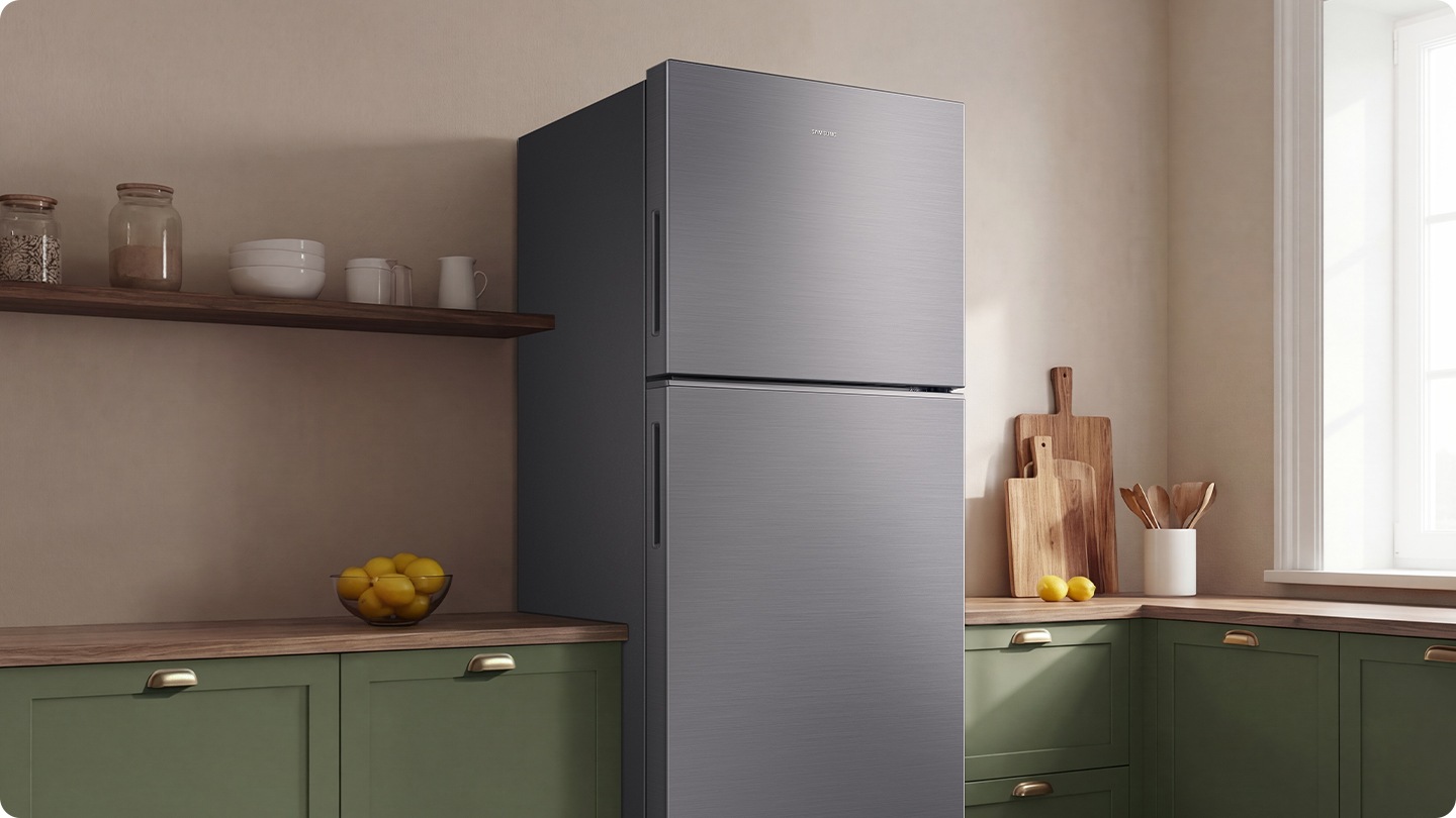 The sleek exterior of the refrigerator gives a clean look to the modern kitchen, with a flat finish.