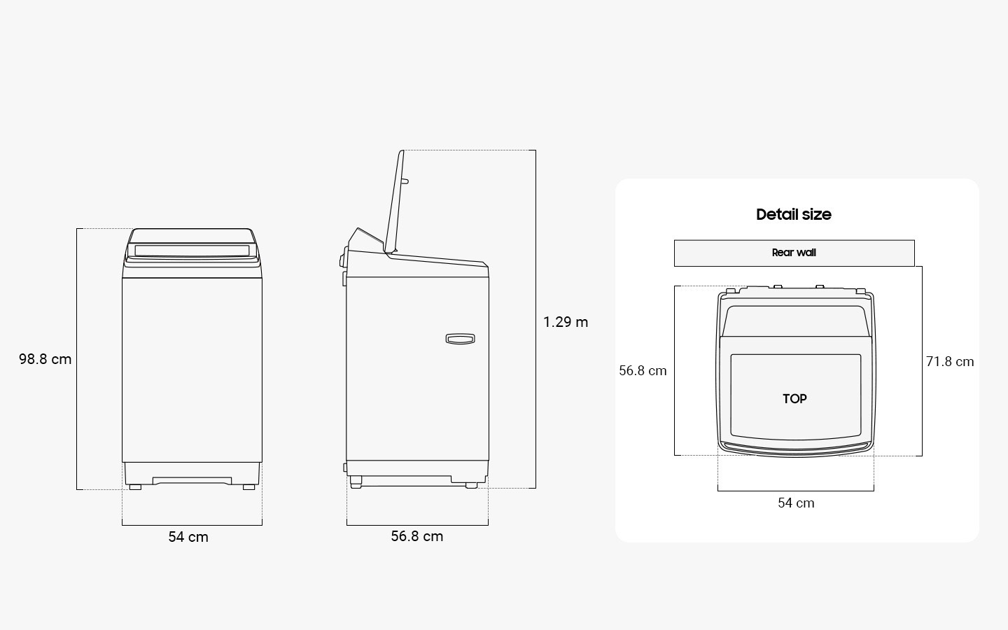 Illustration shows the Washer’s dimensions from the front, side, and top. Detail size is measured 540mm in width, 1,008mm in height, and 577mm in depth. When the door in the top is opened, it measures 1,317mm in total height. The washer must be installed depth front from to rear wall 727mm.