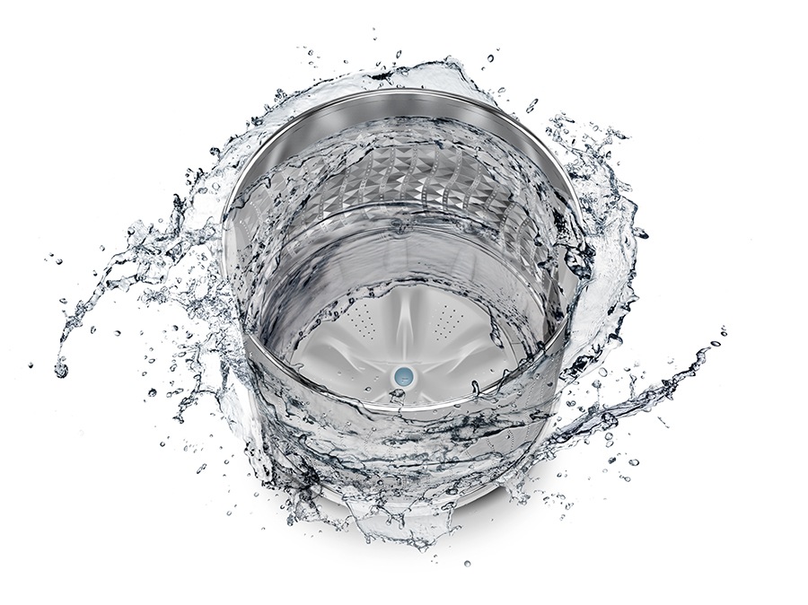 The washer drum is surrounded by clean water and water jets are cleaning the inside.
