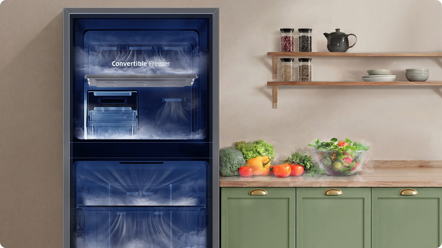 The inside of the refrigerator is visible and cold air spreads through every storage space.