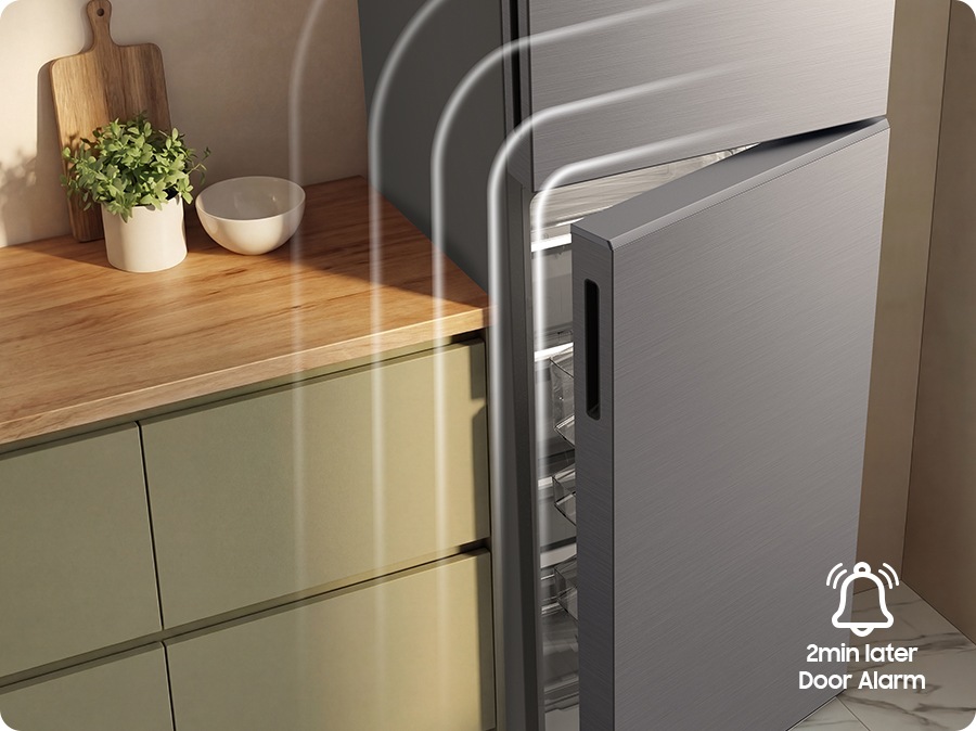The refrigerator door is slightly open, and the door alarm will sound 2min later. An icon at the bottom right highlights the door alarm feature.