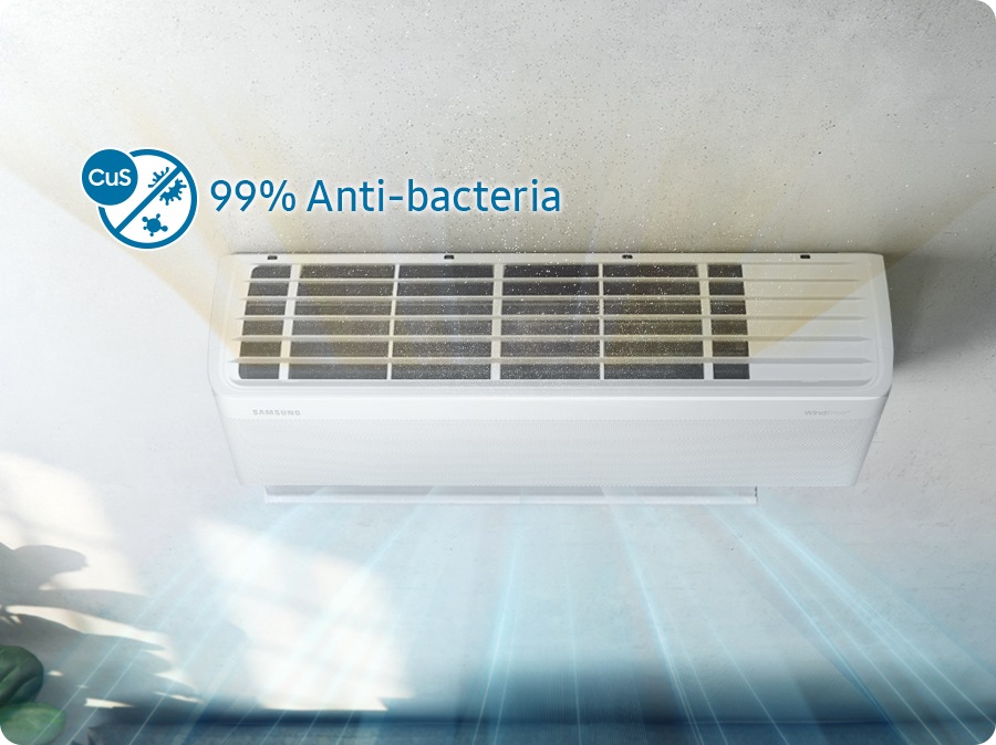 Shows the Copper Anti-bacterial Filter on the top of the air conditioner helps eliminate up to 99% of airborne bacteria with CuS.
