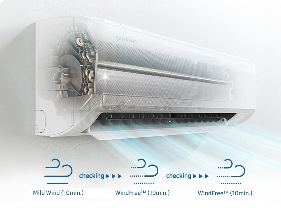 Shows the air conditioner cleaning itself by blowing mild wind for 10 minutes, or adding an extra 10 or 20 minutes of WindFree™ air if necessary after checking.