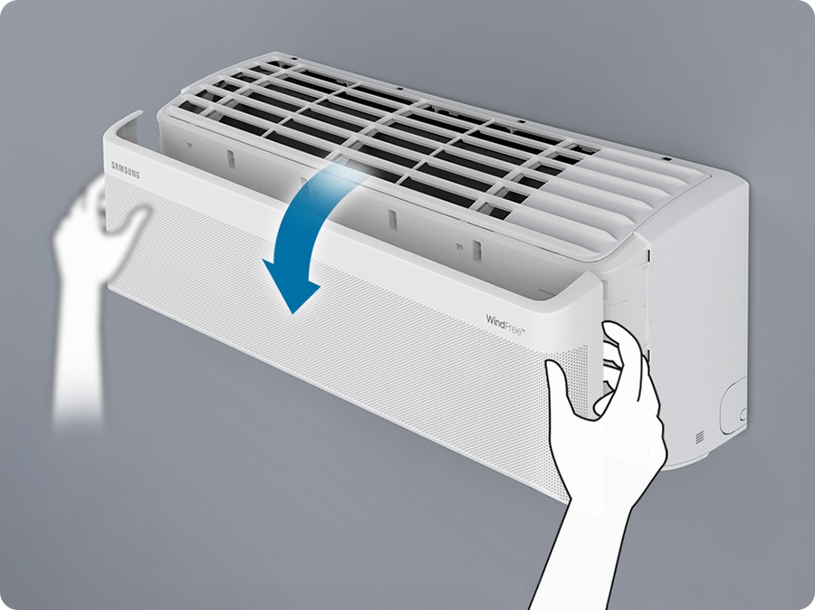 The front panel of the indoor unit is shown being opened.