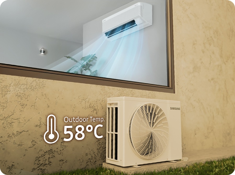 The outdoor unit is shown installed in a scorching environment with an external temperature of 58°C, while through the window, the indoor unit is seen operating smoothly without any issues.