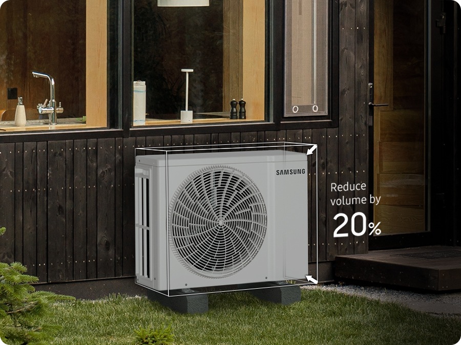 The outdoor unit installed in the backyard is shown, with a line indicating the previous volume, highlighting a reduction in size by 20%.