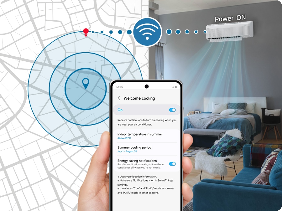 The smartphone displays Welcome Cooling activated. When you are near the house on the map through a geofence, you can be notified to power on the air conditioner via Wi-Fi.