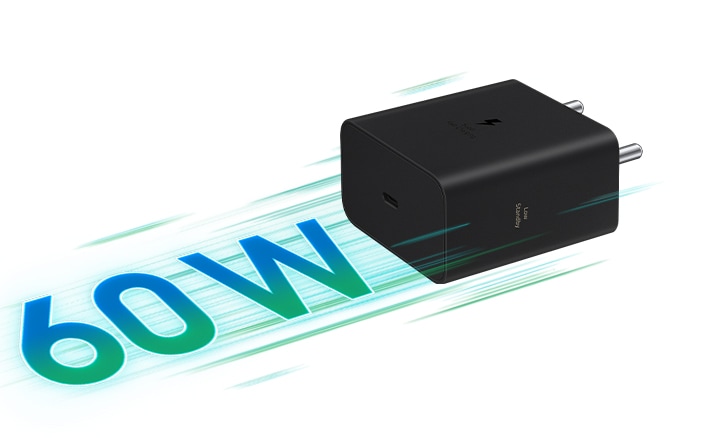 A black 60 W Power Adapter is lying sideways as if moving forward with green streaks behind it and text '60 W'. Text on the Power Adapter reads 'Super Fast Charging' and 'Low Standby'.