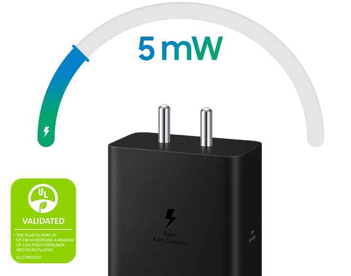 A black 60 W Power Adapter is placed facing upwards with text on the Power Adapter 'Low Standby' and text above '5 mW'. On the left, a UL Environmental Claim Validation Mark is shown that reads ‘VALIDATED. THE PLASTIC PART OF EP-T6010 CONTAINS A MINIMUM OF 3.5% POST-CONSUMER RECYCLED PLASTIC. UL.COM/ECV'.