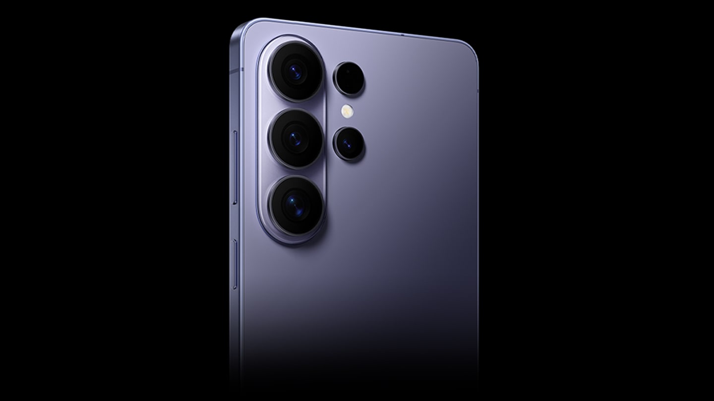 Close up of Galaxy S26 Ultra in Cobalt Violet from the back highlighting the new camera design.