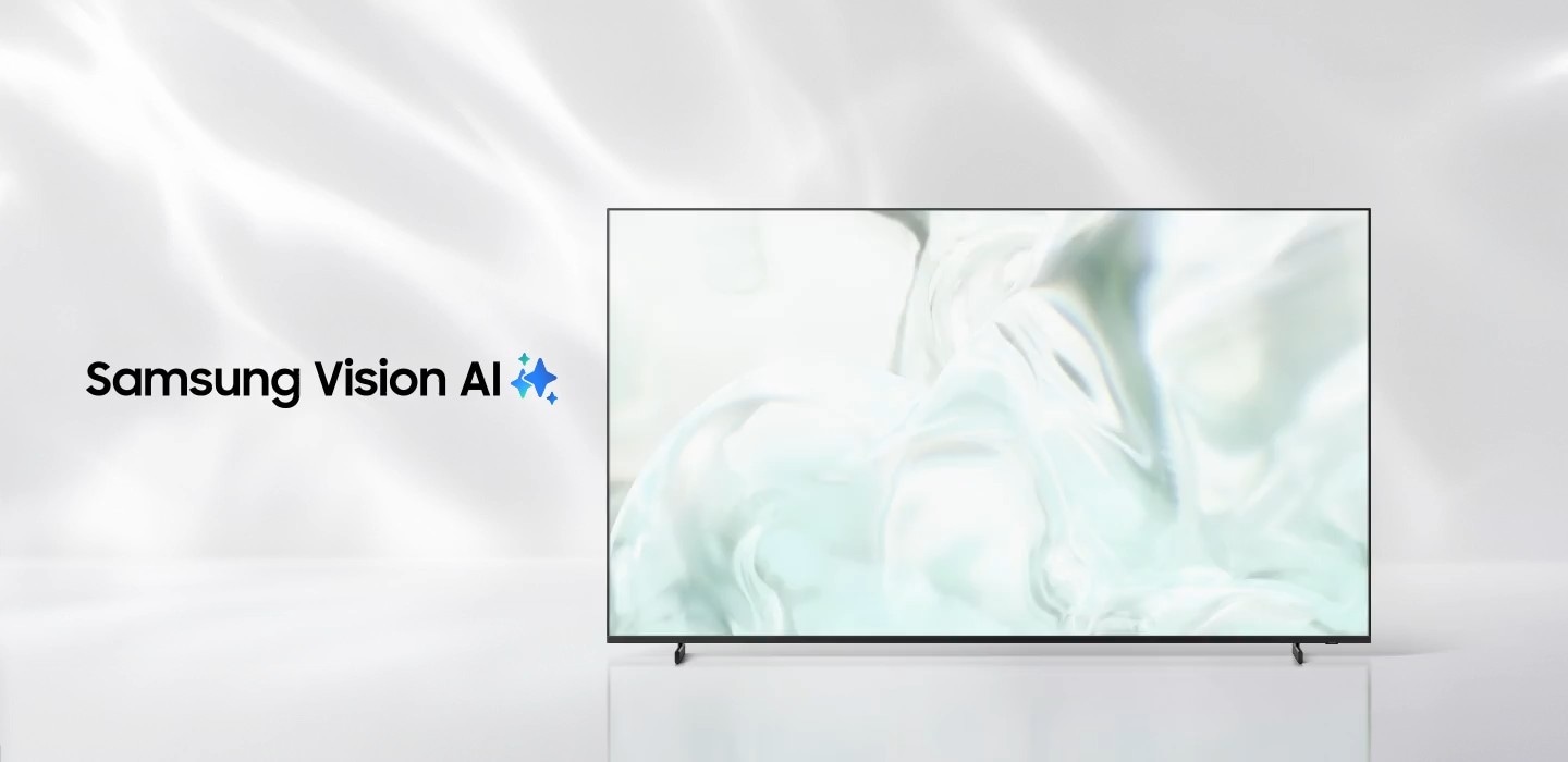 Samsung Vision AI logo next to a Samsung TV that turns on to display abstract visuals.
